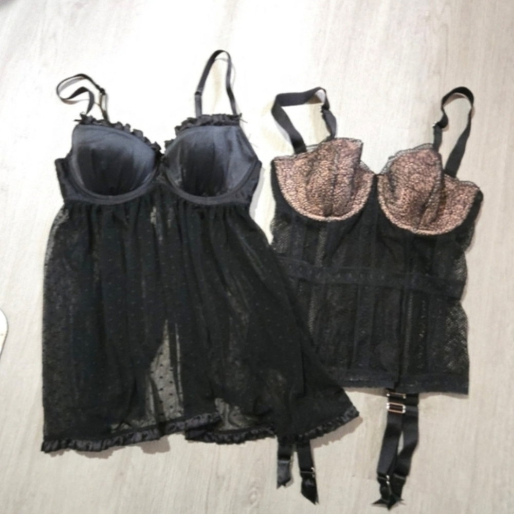 Victoria's Secret Black Sheer Babydoll Garter Bustier Lingerie Bundle, SIZE 34C